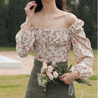 Off-shoulder Flower Print Blouse Red Floral - Beige - One Size