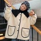 Color Block Fleece Button Jacket Off-white - One Size