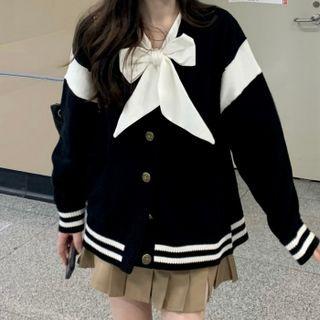 Two-tone Cardigan / Ribbon Tie-neck Blouse