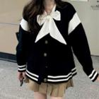 Two-tone Cardigan / Ribbon Tie-neck Blouse
