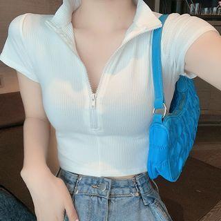 Short-sleeve Half-zip Knit Crop Top