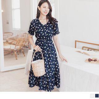 Ruffle Hem Floral Chiffon Midi Dress