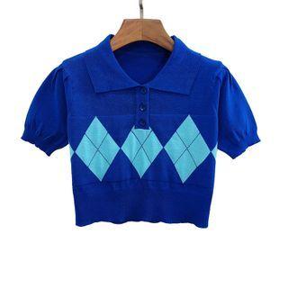 Short Sleeve Argyle Crop Knit Top