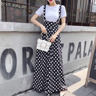 Set: Short-sleeve T-shirt + Polka Dot Wide-leg Jumper Pants