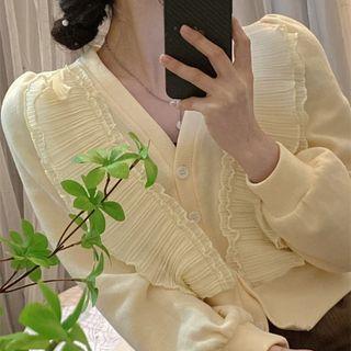 V-neck Ruffle Panel Cropped Cardigan Almond - One Size