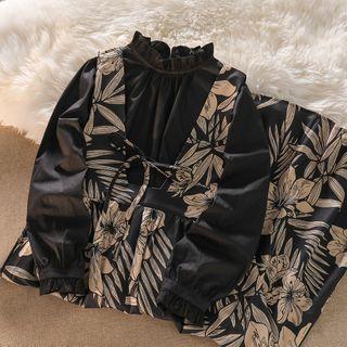 Mock-neck Blouse / Print Midi A-line Overall Dress