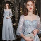 3/4-sleeve Glitter Mesh A-line Gown