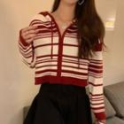 Long-sleeve Striped Zip-up Cropped Knit Hoodie