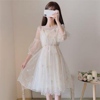 Lantern-sleeve Embroidered Sequin Dress Almond - One Size