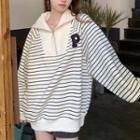 Striped Letter Embroidered Sweatshirt Beige - One Size