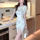 Puff Short-sleeve Slit Sheath Dress