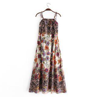Spaghetti-strap Flower Print Maxi A-line Dress