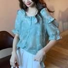 Elbow-sleeve Floral Print Frill Trim Buttoned Chiffon Top