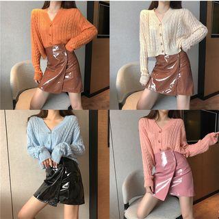 V-neck Cable Knit Cardigan / Faux-leather A-line Skirt
