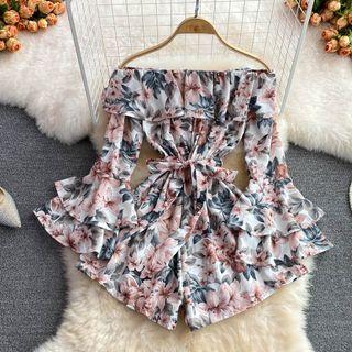 Off Shoulder Floral Print Playsuit Pink Floral - White - One Size