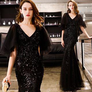 Mesh Short Sleeve V-neck Embroidered Mermaid Evening Gown