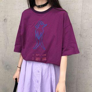 Elbow-sleeve Print T-shirt Purple - One Size