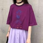 Elbow-sleeve Print T-shirt Purple - One Size