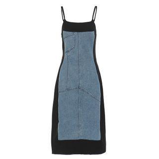 Denim Panel Knit Spaghetti-strap A-line Dress