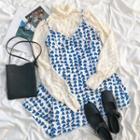 Long-sleeve High-neck Lace Top / Printed Spaghetti-strap Dress
