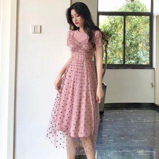 Short-sleeve Dotted Mesh Overlay A-line Dress