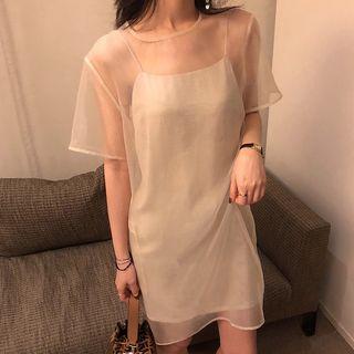 Set: Spaghetti Strap Mini Dress + Short-sleeve Mesh Mini Dress
