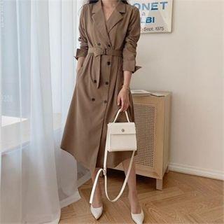 Notched-lapel Double-breasted Dress With Sash Brown - One Size