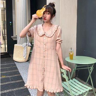Plaid Wide-collar Short-sleeve Single-breasted Dress