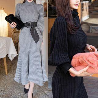 Puff-sleeve Mock-neck Knit Midi Mermaid Dress