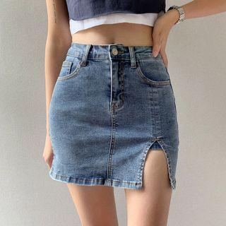 Slited High-waist Denim Skort
