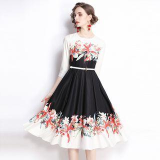 Set: 3/4-sleeve Floral Print A-line Dress + Belt