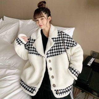 Oversize Houndstooth Panel Fleece Cardigan