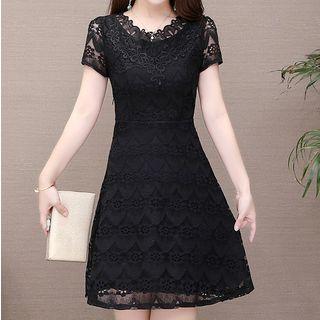 Lace Overlay Cap-sleeve A-line Dress
