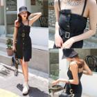 Button-front Pinafore Dress With Belt Black - One Size
