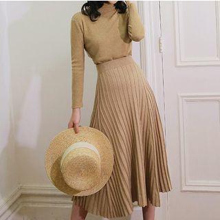 Set: Long-sleeve Turtleneck Knit Top + Midi A-line Knit Skirt