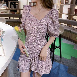 Puff-sleeve Drawstring Floral Mermaid Dress
