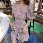 Puff-sleeve Drawstring Floral Mermaid Dress