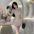 Balloon-sleeve Glitter Mini Sheath Dress