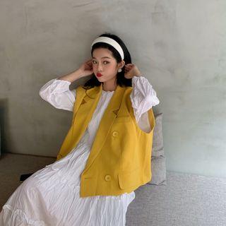 Plain Long-sleeve Midi Dress / Double-breasted Vest