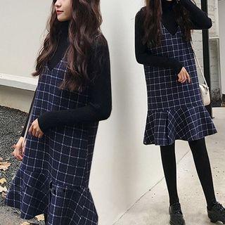 Set: Long-sleeve Top + Sleeveless Plaid Mermaid Dress