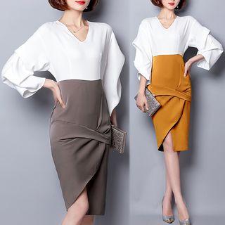 3/4-sleeve V-neck Mock Two-piece Dress