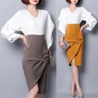 3/4-sleeve V-neck Mock Two-piece Dress