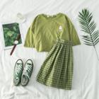 Set: Embroidered Cropped T-shirt + Check Pleated Skirt