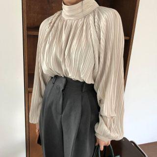 Lantern-sleeve Mock Neck Shirred Plain Blouse