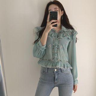 Floral Embroidered Cropped Chiffon Blouse