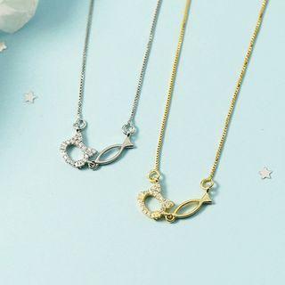 Rhinestone Cat & Fish Choker Necklace