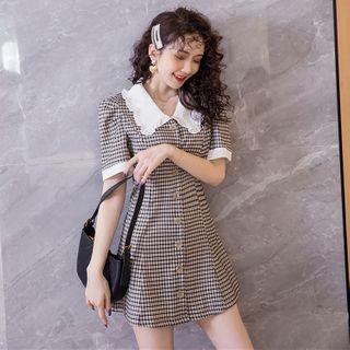 Short-sleeve Plaid Wide-collar A-line Mini Shirtdress