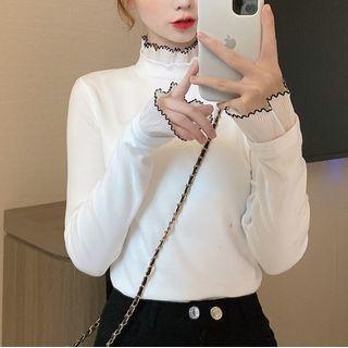 Mock Neck Ruffle Trim T-shirt White - One Size