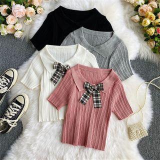 Bow-detail Collared Short-sleeve Knit Top