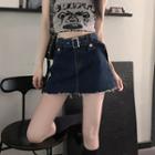 High Waist Belted Frayed Denim Mini Skirt